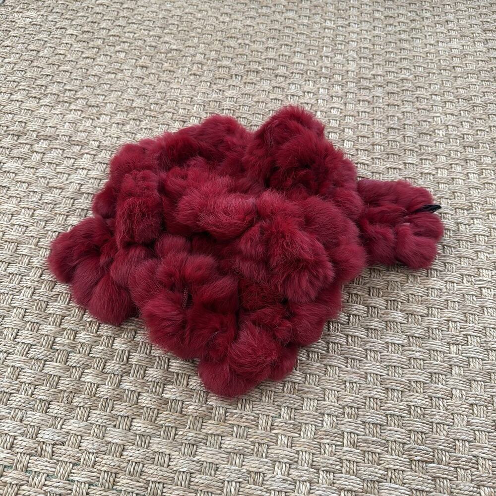 Cejon Women's Genuine Rabbit Fur Deep Red Pom Pom Scarf